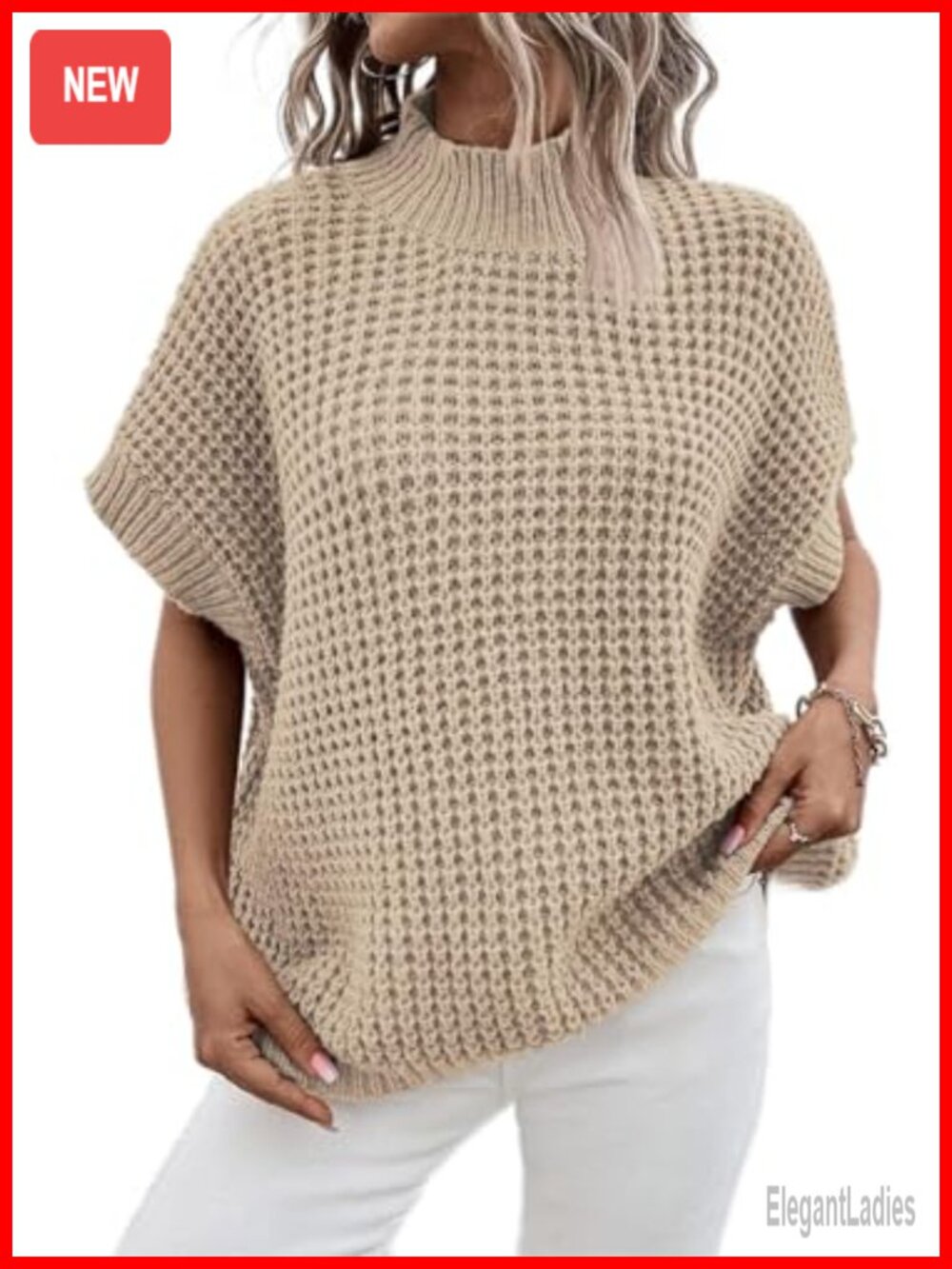Oversized Sweater Vest Batwing Short Sleeve Mock Neck Knit Pullover